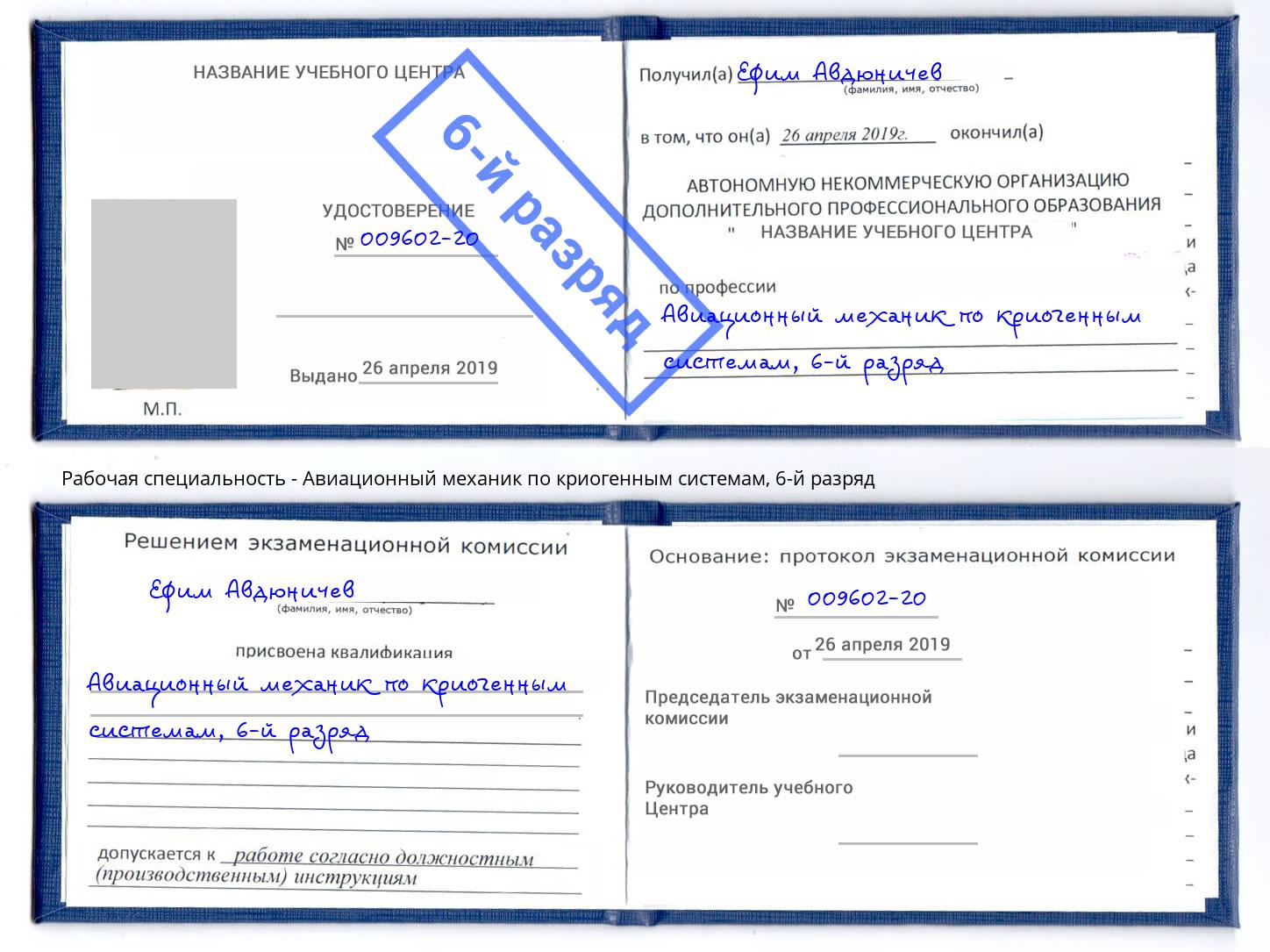 корочка 6-й разряд Авиационный механик по криогенным системам Ростов