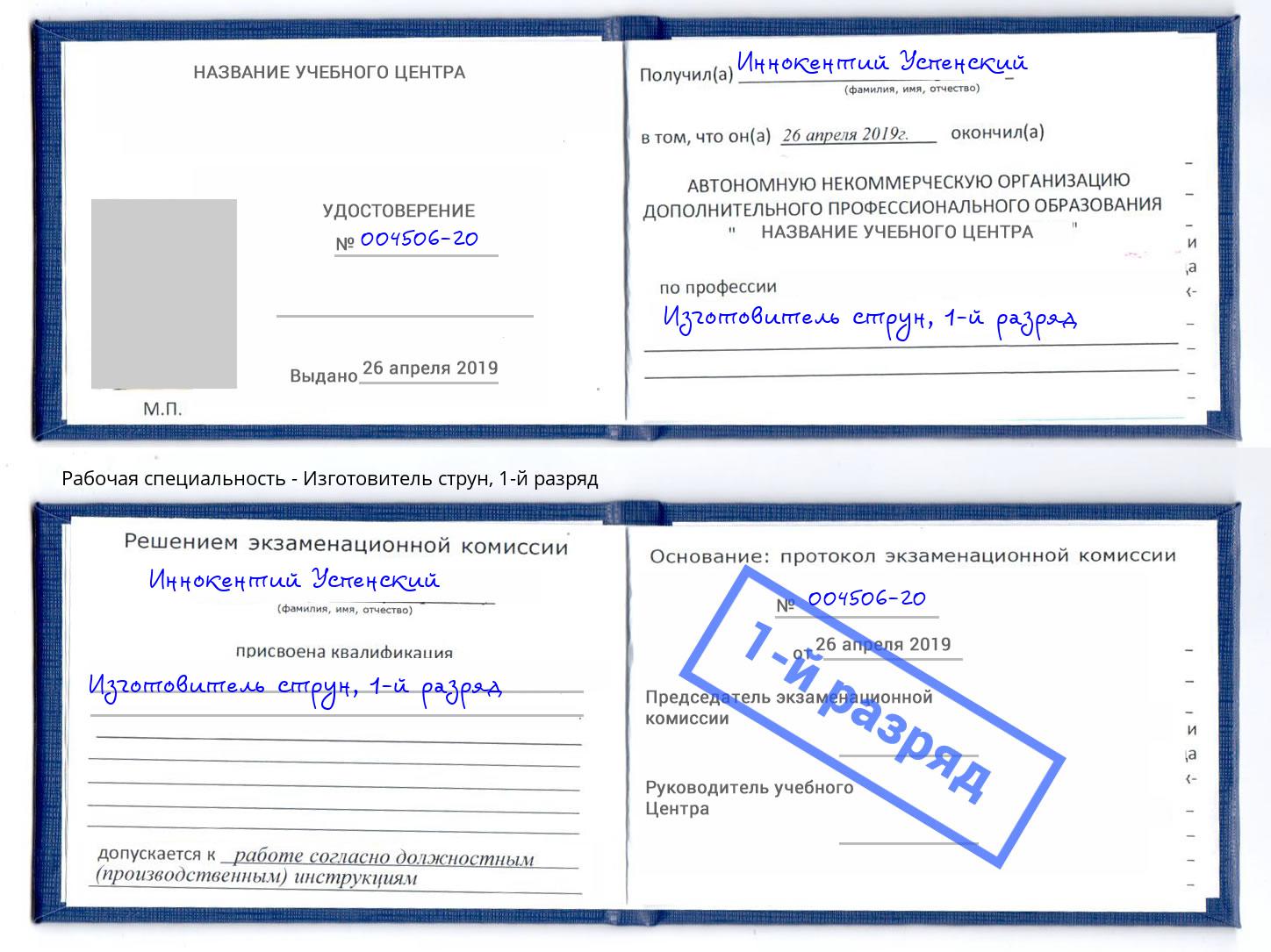 корочка 1-й разряд Изготовитель струн Ростов