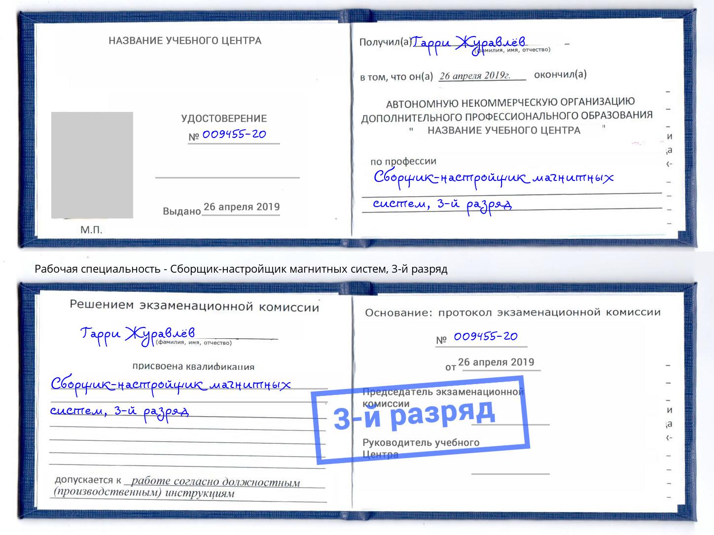 корочка 3-й разряд Сборщик-настройщик магнитных систем Ростов