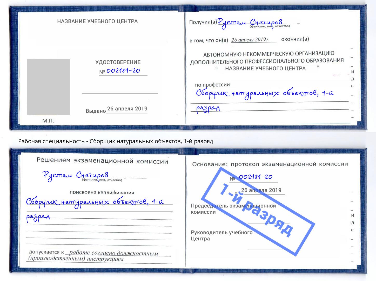 корочка 1-й разряд Сборщик натуральных объектов Ростов