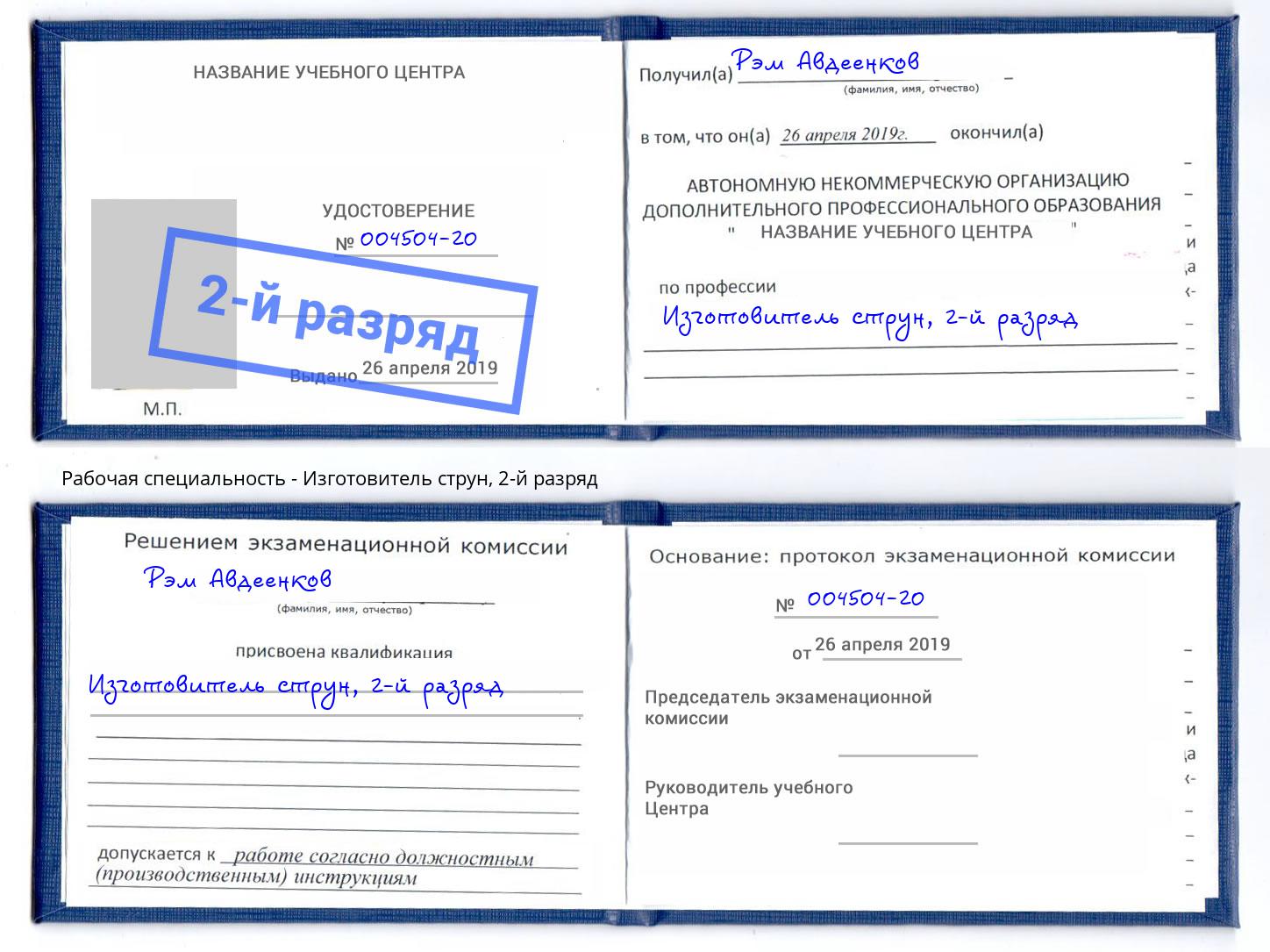 корочка 2-й разряд Изготовитель струн Ростов