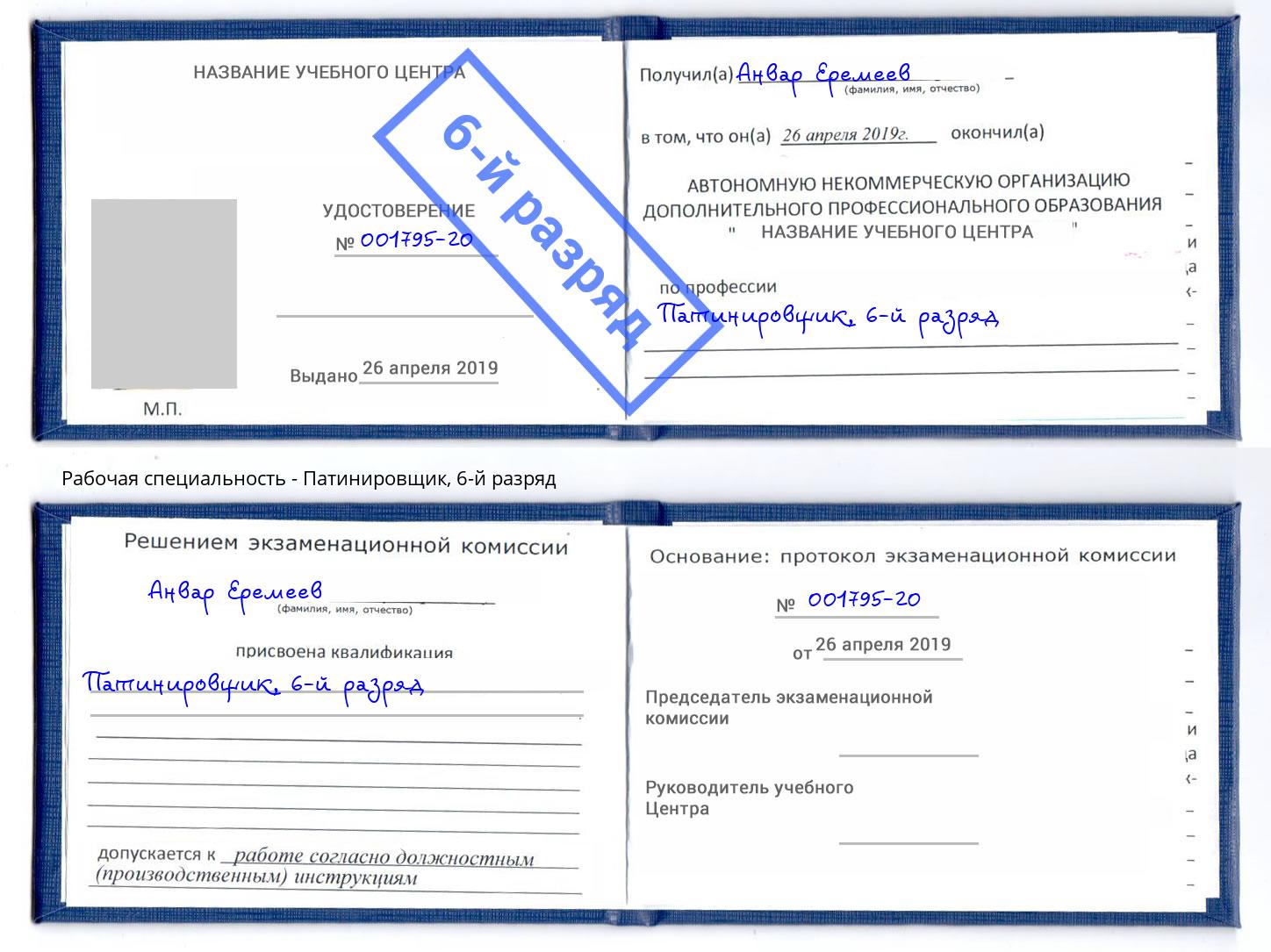 корочка 6-й разряд Патинировщик Ростов